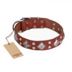 "Magic Squares" FDT Artisan Tan Leather Dogue de Bordeaux Collar with Silver-like Decor