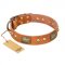 "Saucy Nature" FDT Artisan Tan Leather Dogue de Bordeaux Collar with Old Bronze Look Plates and Skulls