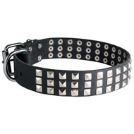 Leather Dogue de Bordeaux Collar with 3 Rows of Nickel Pyramids