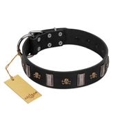 "Pirates' Symbol" Fashionable FDT Artisan Black Leather Dogue de Bordeaux Collar with Silver-Like Plates and Gold-Like Skulls