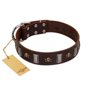 "War Chief" FDT Artisan Genuine Brown Leather Dogue de Bordeaux Collar with Skulls and Plates