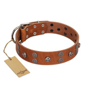 "Road Rider" FDT Artisan Tan Leather Dogue de Bordeaux Collar with Old Silver-like Skulls and Medallions