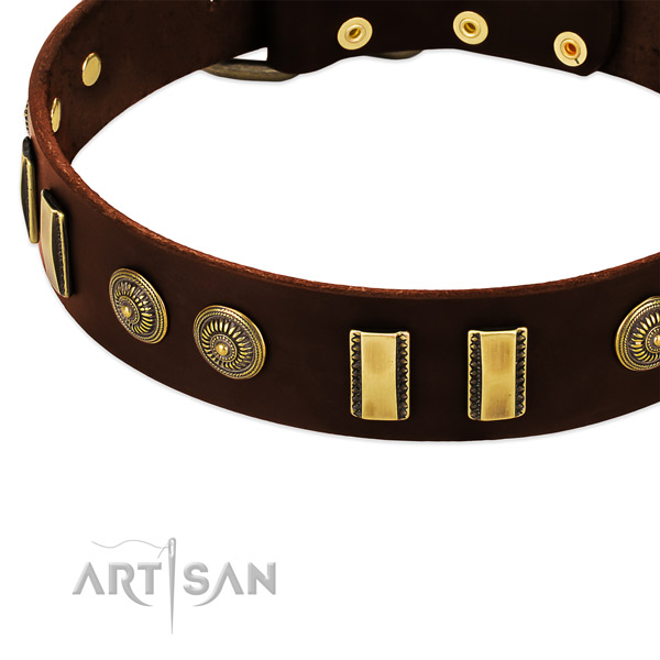 Durable D-ring on full grain leather dog collar for your dog