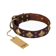 "Golden Square" FDT Artisan Brown Leather Dogue de Bordeaux Collar with Large Squares