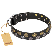 "Romantic Breeze" FDT Artisan Black Leather Dogue de Bordeaux Collar with Sparkling Circles