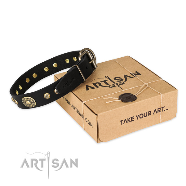 Rust-proof D-ring on full grain leather dog collar for easy wearing