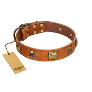 "Knights Templar" FDT Artisan Tan Leather Dogue de Bordeaux Collar with Skulls and Crossbones Combined with Squares