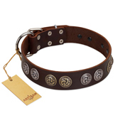 "Treasure Hunter" FDT Artisan Brown Leather Dogue de Bordeaux Collar with Old-Bronze-like and Silvery Medallions