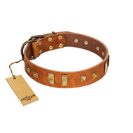 "Sand of Time" FDT Artisan Tan Leather Dogue de Bordeaux Collar with Old Bronze-like Studs and Plates