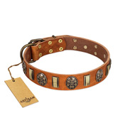 "Strike of Rock" FDT Artisan Tan Leather Dogue de Bordeaux Collar with Plates and Medallions with Skulls