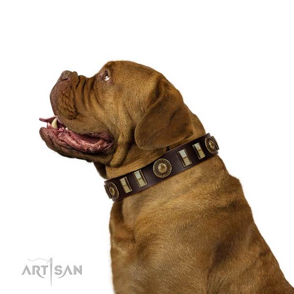 Flexible genuine leather dog collar with reliable D-ring