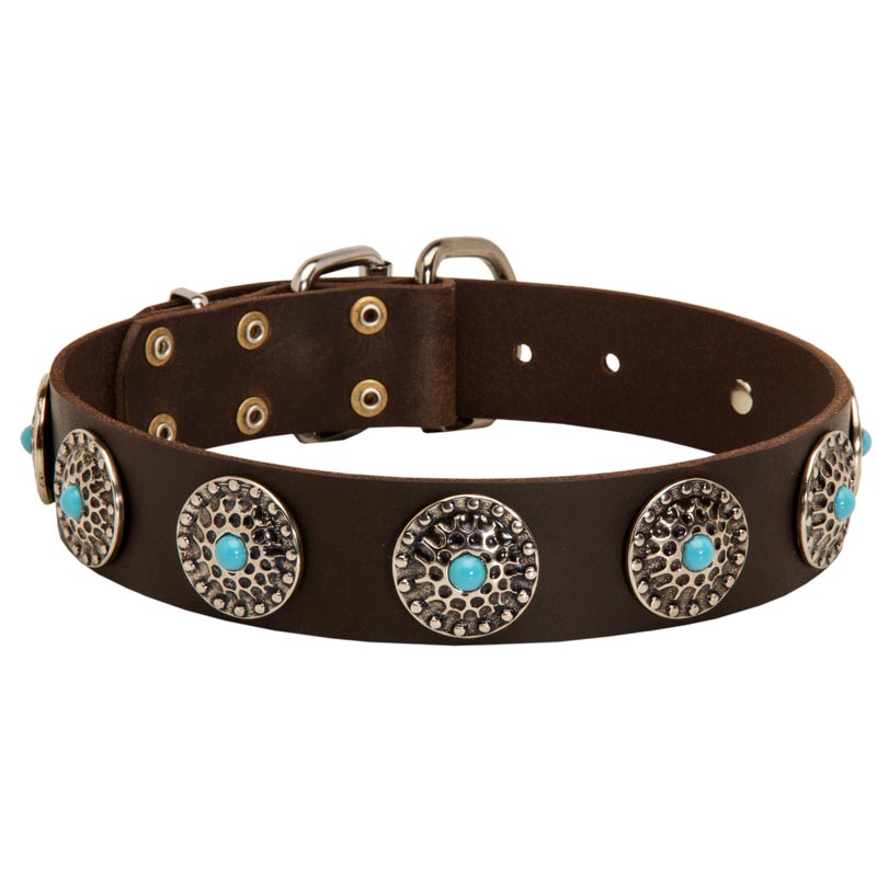 Leather Dogue de Bordeaux Collar with Blue Stones for Stylish Walking