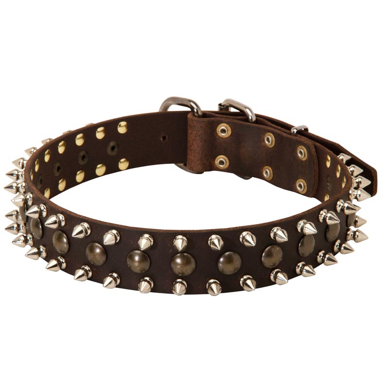 3 Rows Spiked and Studded Leather Dogue de Bordeaux Collar