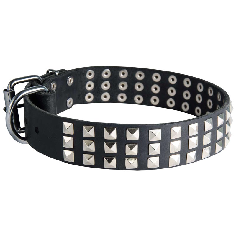 Leather Dogue de Bordeaux Collar with 3 Rows of Nickel Pyramids