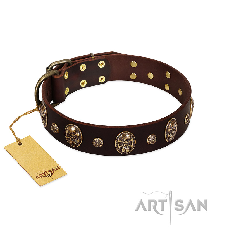 "Breaking the Horizon" FDT Artisan Brown Leather Dogue de Bordeaux Collar with Engraved Studs and Medallions
