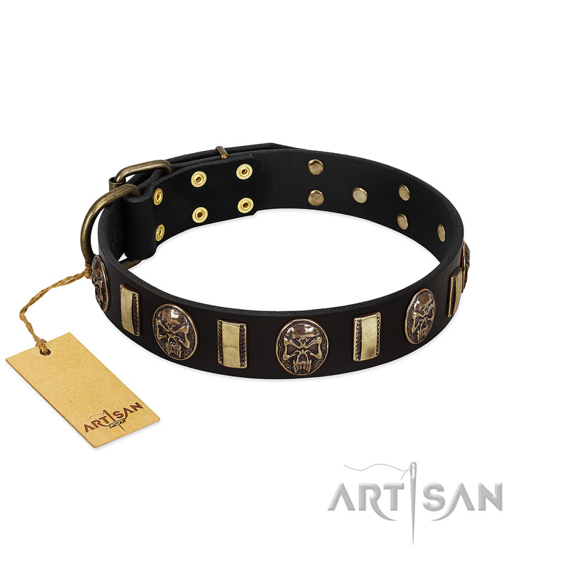 "Sea Romance" FDT Artisan Black Leather Dogue de Bordeaux Collar with Plates and Skulls