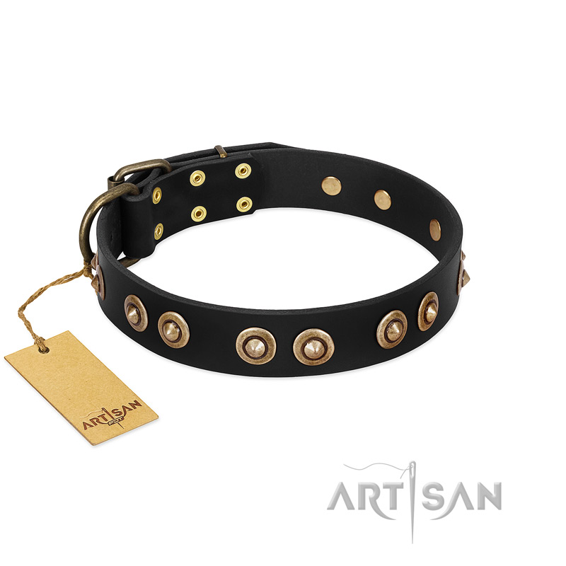 "Golden Artifact" FDT Artisan Black Leather Dogue de Bordeaux Collar with Old-bronze Covered Medallions
