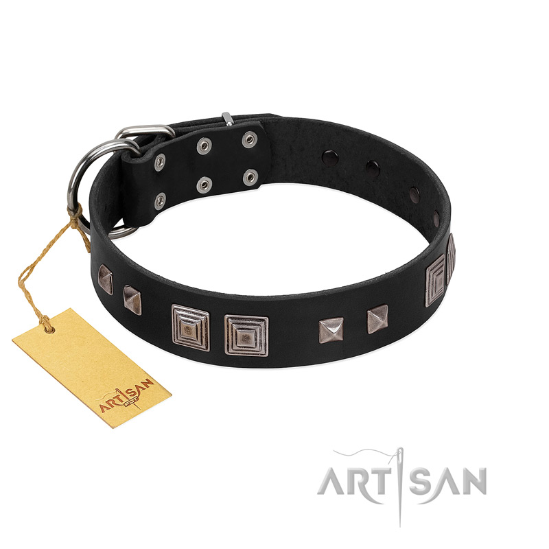"Foregone Riches" FDT Artisan Black Leather Dogue de Bordeaux Collar with Old Silver-like Square Studs and Pyramids