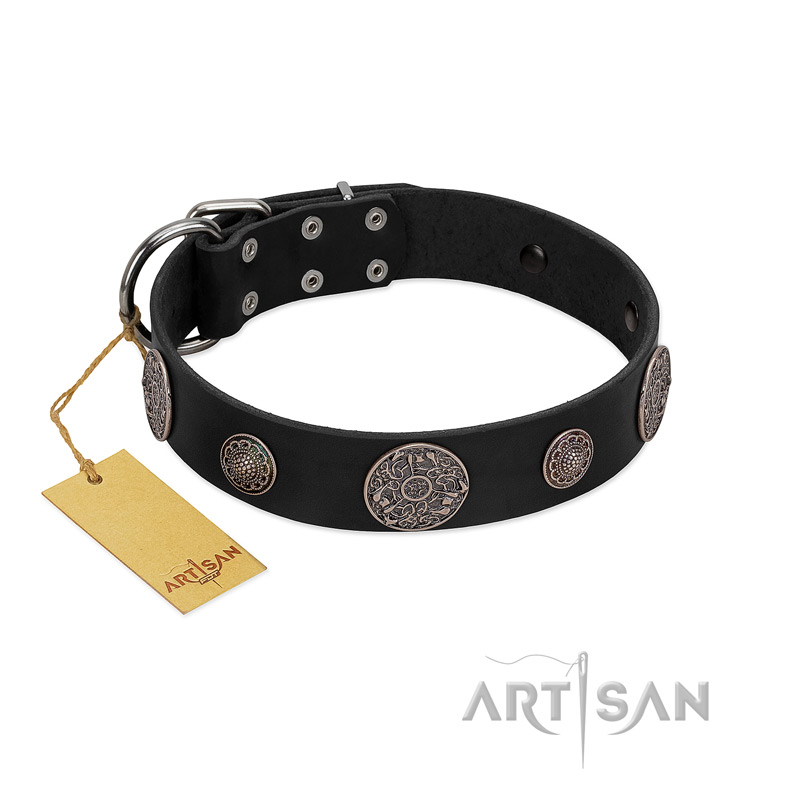 "Ad Infinitum" Durable FDT Artisan Black Leather Dogue de Bordeaux Collar with Chrome Plated Brooches