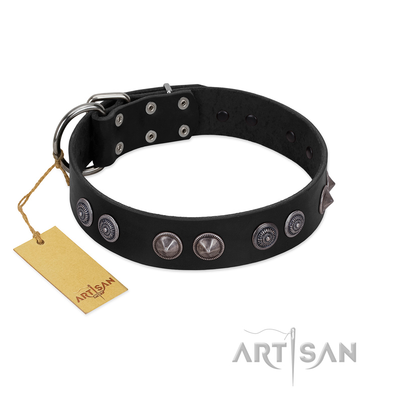 "Silver Medallions" Mod FDT Artisan Black Leather Dogue de Bordeaux Collar with Round Plates