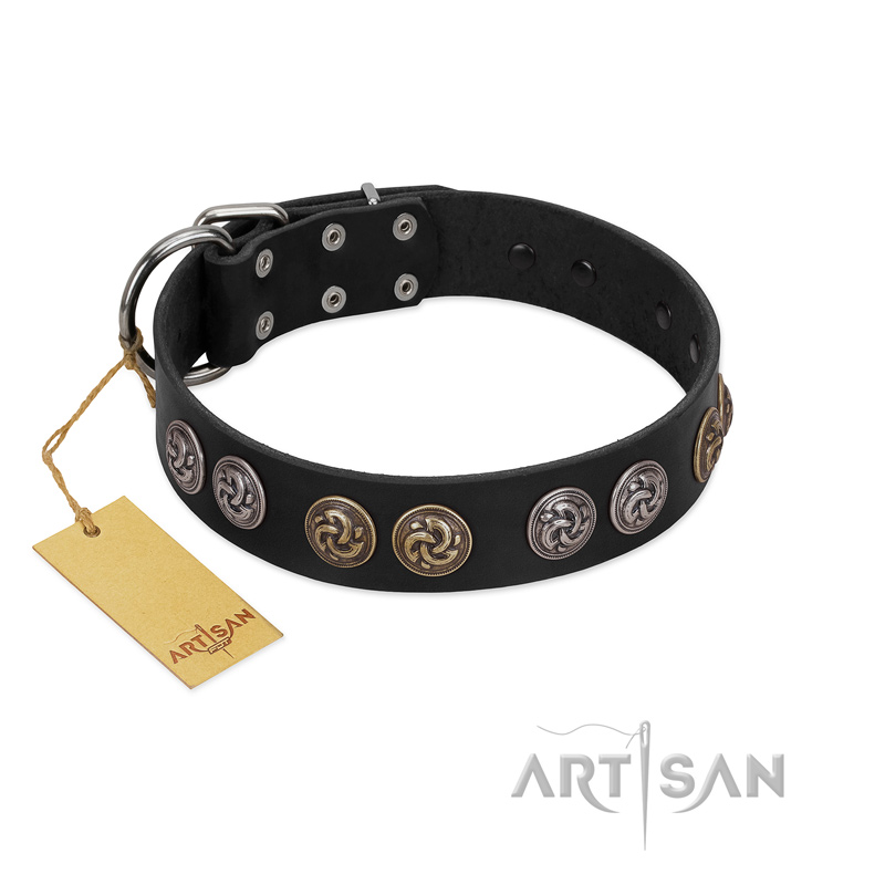 "Mister Exclusive" Designer FDT Artisan Black Leather Dogue de Bordeaux Collar with Medallions