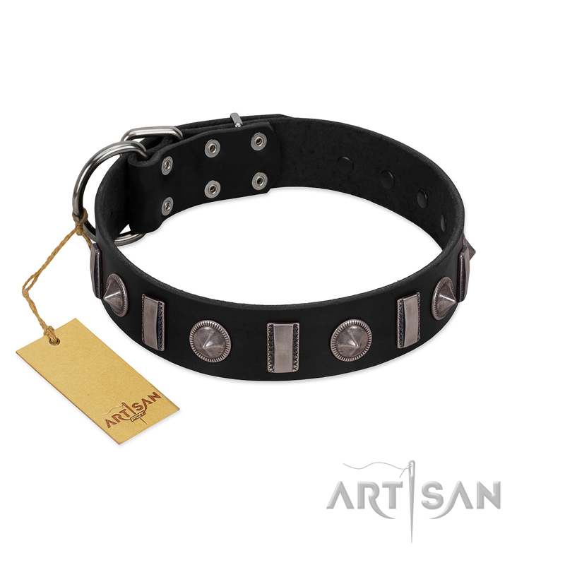"Silver Spikes" Exclusive FDT Artisan Black Leather Dogue de Bordeaux Collar