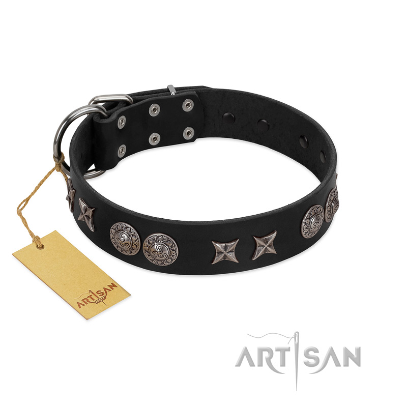 "Scythian Silver" Stylish Handmade FDT Artisan Black Leather Dogue de Bordeaux Collar
