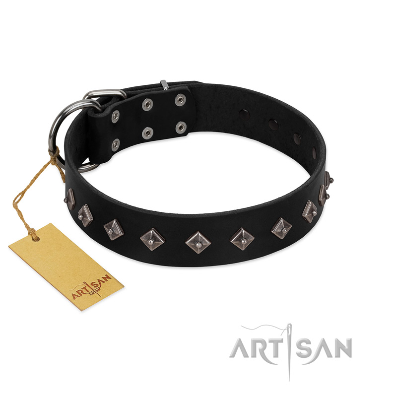 "Immense Power" Handcrafted FDT Artisan Black Leather Dogue de Bordeaux Collar with Small Dotted Pyramids