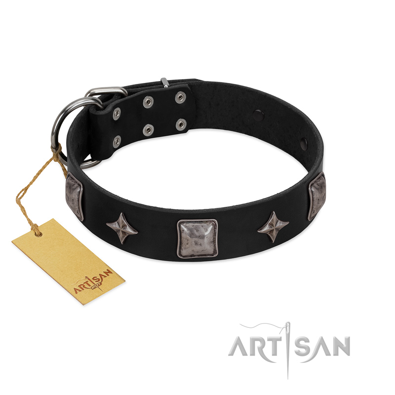 "Black Cavalier" Handmade FDT Artisan Black Leather Dogue de Bordeaux Collar with Silver-Like Stars and Large Plates