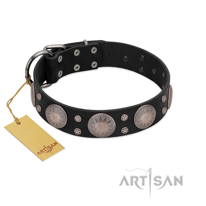 "Starry Sky" Trendy FDT Artisan Black Leather Dogue de Bordeaux Collar with Large Brooches