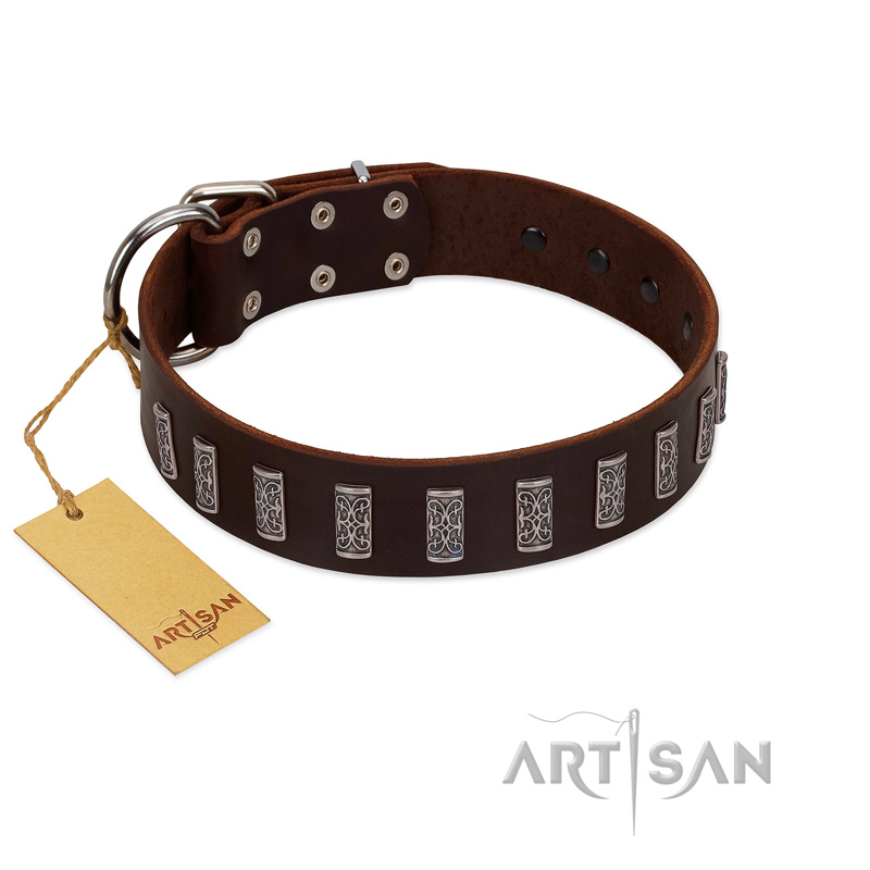 "Brown Lace" Handmade FDT Artisan Brown Leather Dogue de Bordeaux Collar for Everyday Walks