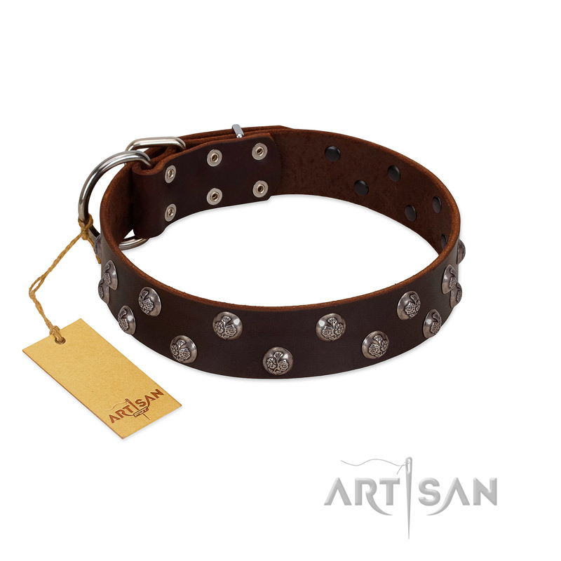 "Blossom Jewel" FDT Artisan Brown Leather Dogue de Bordeaux Collar with Two Rows of Silver-like Studs with Engraved Flowers