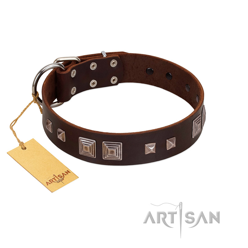"Object of Virtu" FDT Artisan Brown Leather Dogue de Bordeaux Collar with Old Silver-like Square Studs and Pyramids