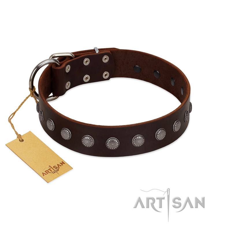 "Spring Flower" Stylish FDT Artisan Brown Leather Dogue de Bordeaux Collar for Comfy Walks