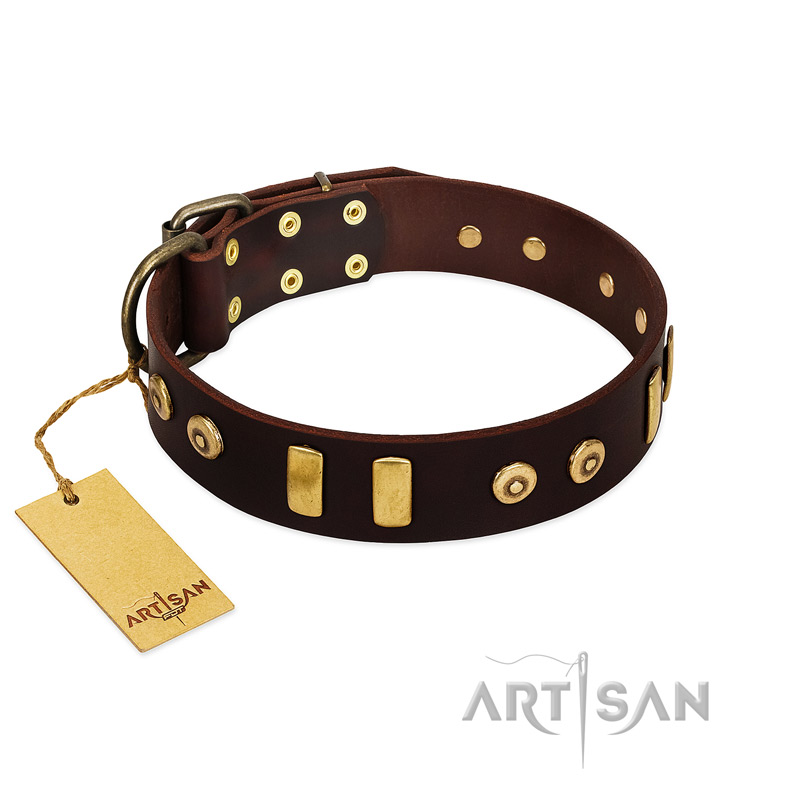 "Lord of Dogs" FDT Artisan Brown Leather Dogue de Bordeaux Collar with Old Bronze-like Dotted Studs and Tiles