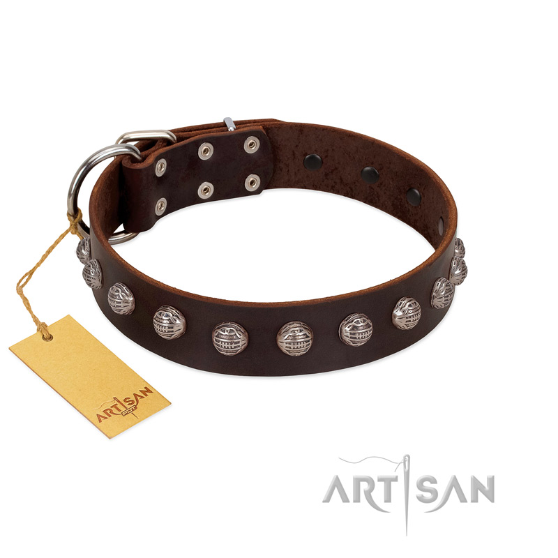 "Lucky Silver" Designer Handmade FDT Artisan Brown Leather Dogue de Bordeaux Collar