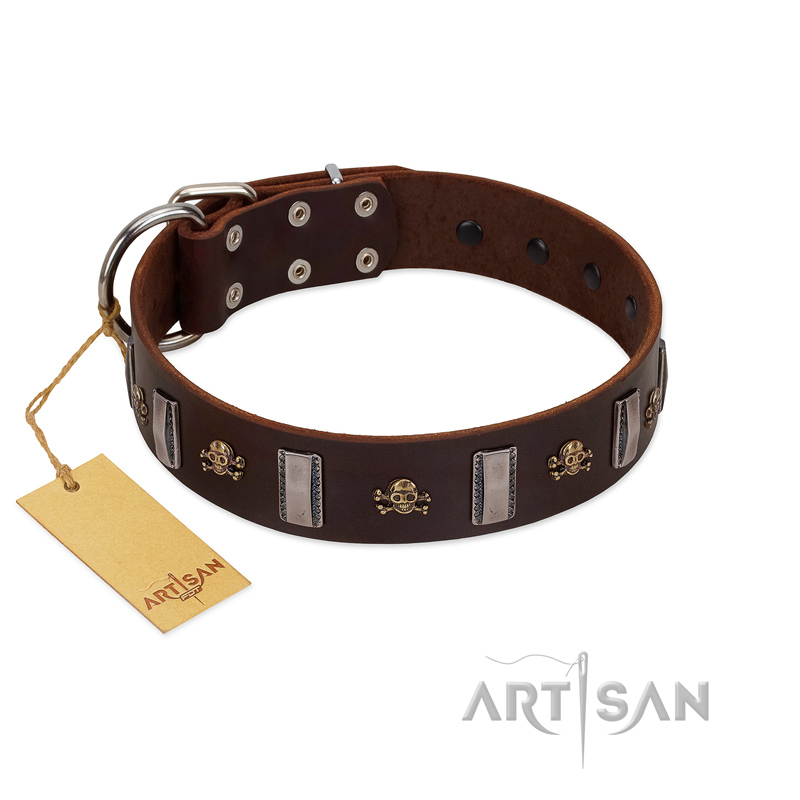 "War Chief" FDT Artisan Genuine Brown Leather Dogue de Bordeaux Collar with Skulls and Plates