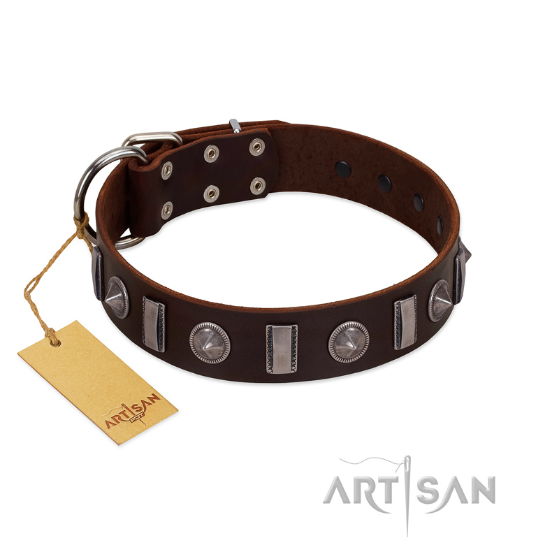 "Spiky Way" FDT Artisan Brown Leather Dogue de Bordeaux Collar with Silver-Like Decorations