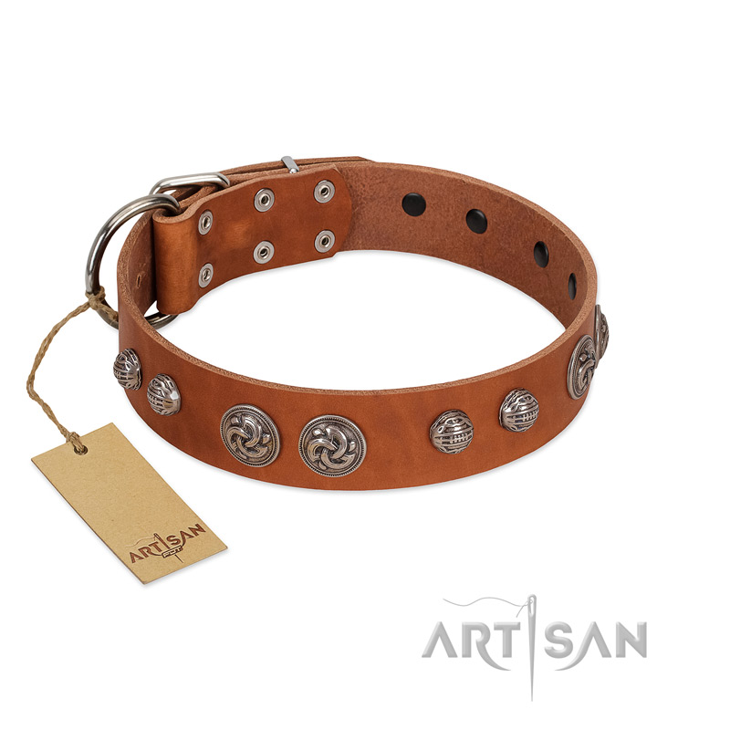 "Era Infinitum" FDT Artisan Tan Leather Dogue de Bordeaux Collar Adorned with Chrome-plated Circles