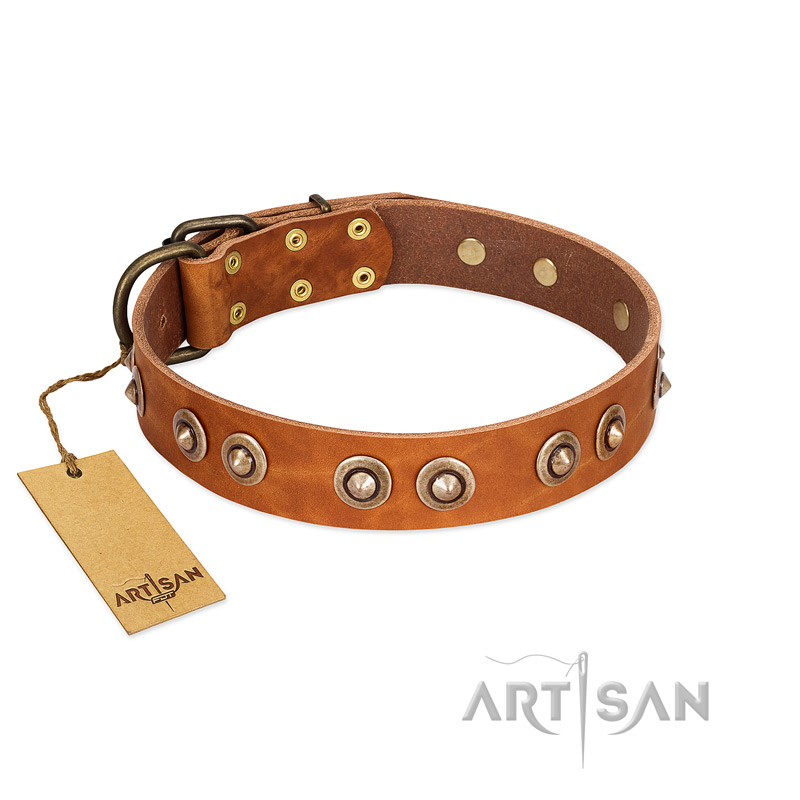 "Precious Relic" FDT Artisan Tan Leather Dogue de Bordeaux Collar Adorned with Old Bronze Look Studs