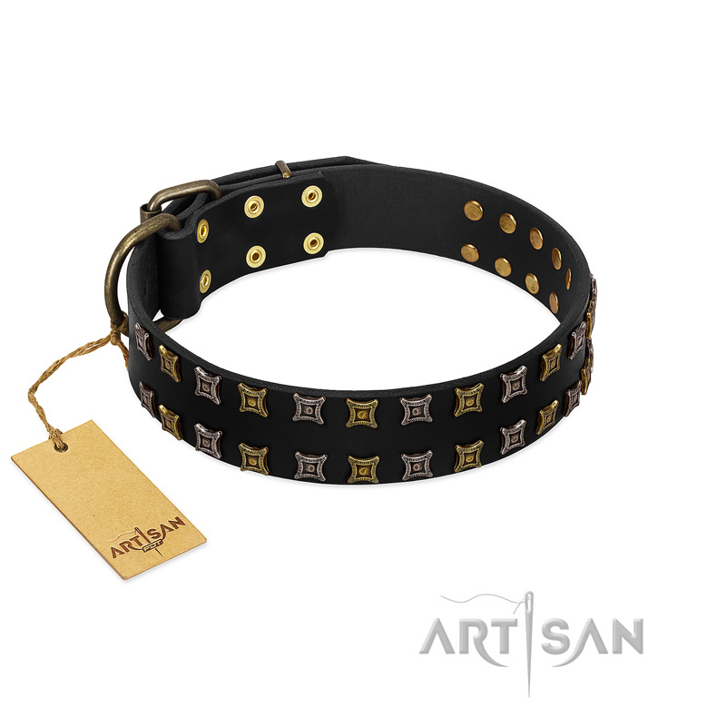 "Refined Pattern" FDT Artisan Black Leather Dogue de Bordeaux Collar with Two Rows of Stunning Decorations