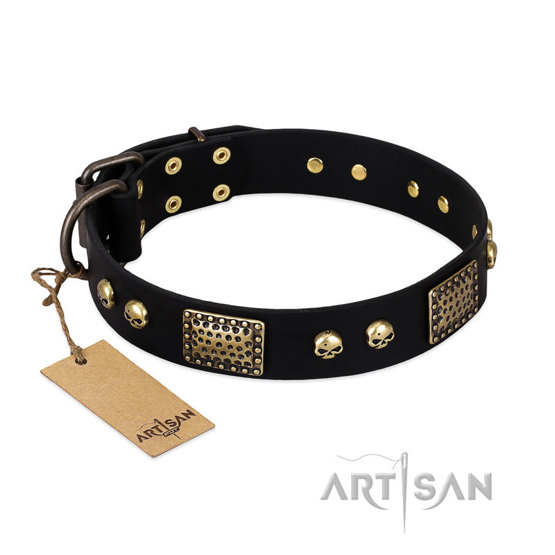 "Biker Style" FDT Artisan Black Leather Dogue de Bordeaux Collar with Old Bronze Look Plates and Skulls