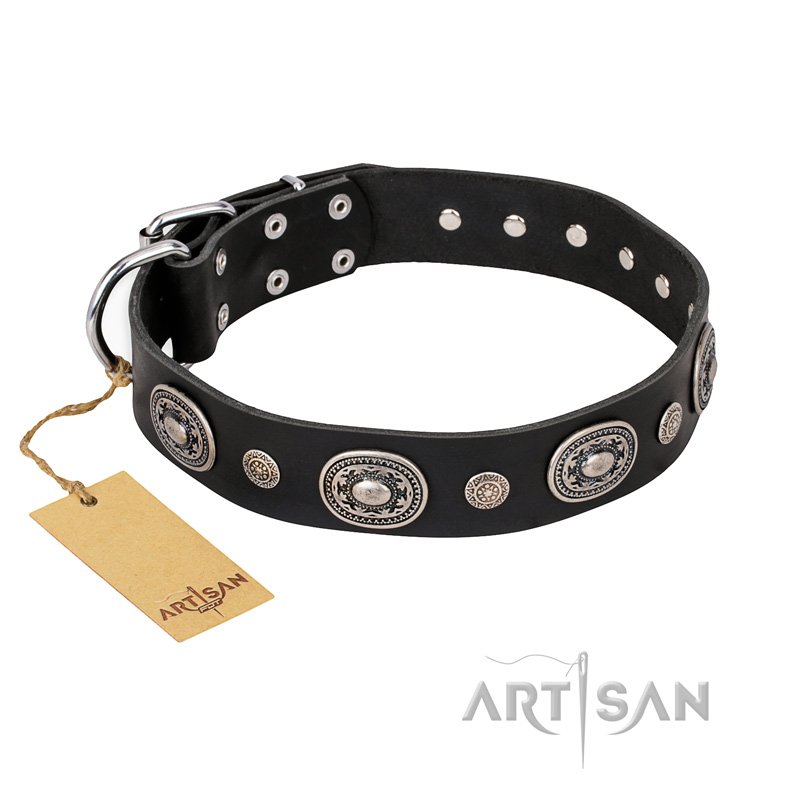 "Black Tie" FDT Artisan Leather Dogue de Bordeaux Collar with Old Silver-like Decorations