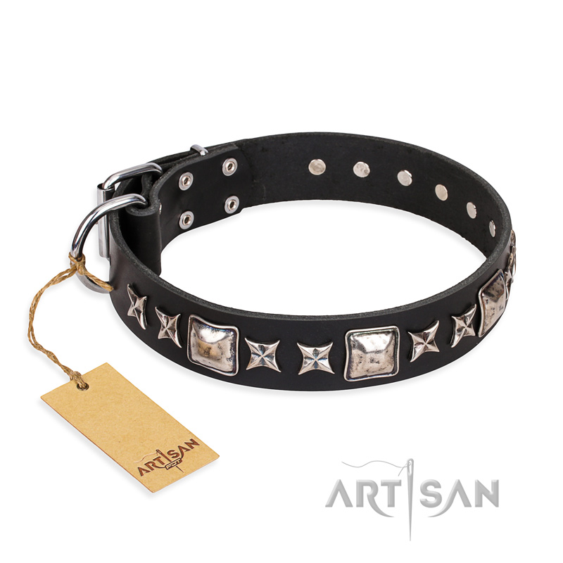 "Space Walk" FDT Artisan Black Leather Dogue de Bordeaux Collar with Adornments