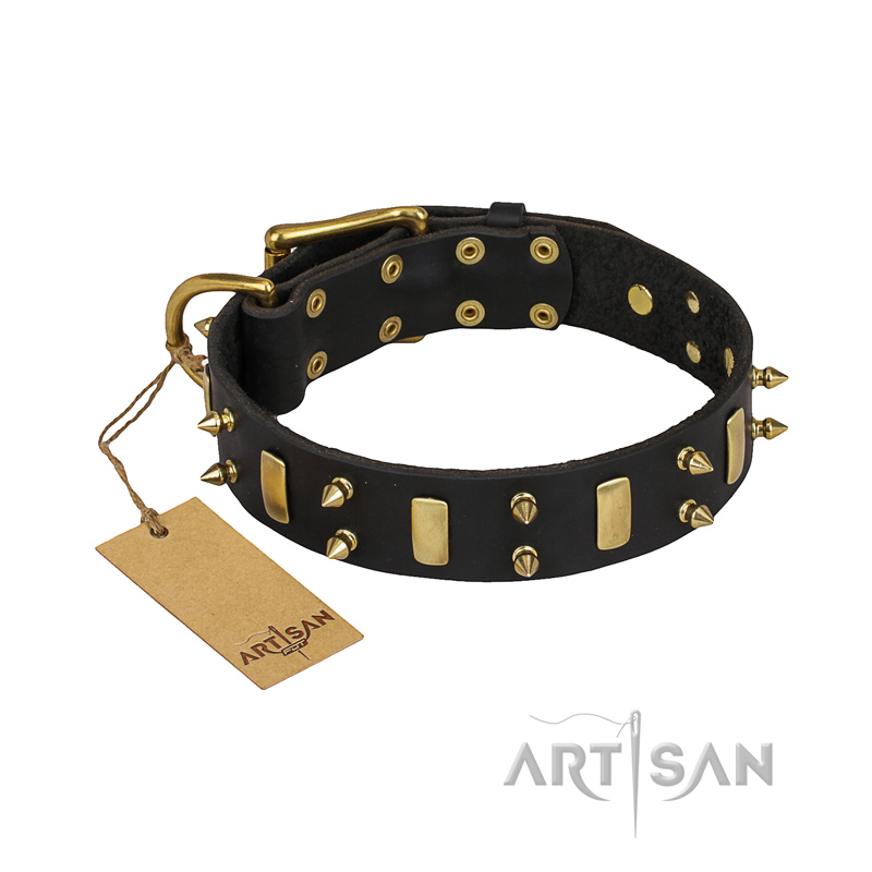 "Medieval Style" FDT Artisan Leather Dogue de Bordeaux Collar with Brass Plated Plates and Spikes