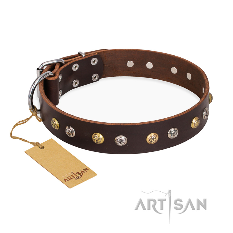 "Golden"n"Silver Luxury" FDT Artisan Leather Dogue de Bordeaux Collar with Engraved Studs