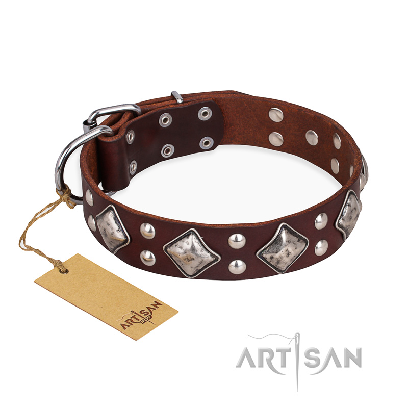 "King of Grace" FDT Artisan Stylish Leather Dogue de Bordeaux Collar with Old Silver-Like Plated Decorations
