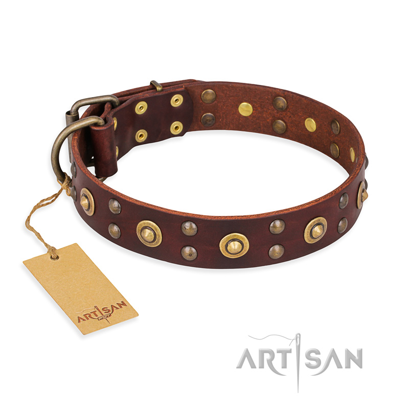 "Caprice of Fashion" FDT Artisan Brown Leather Dogue de Bordeaux Collar with Round Decorations
