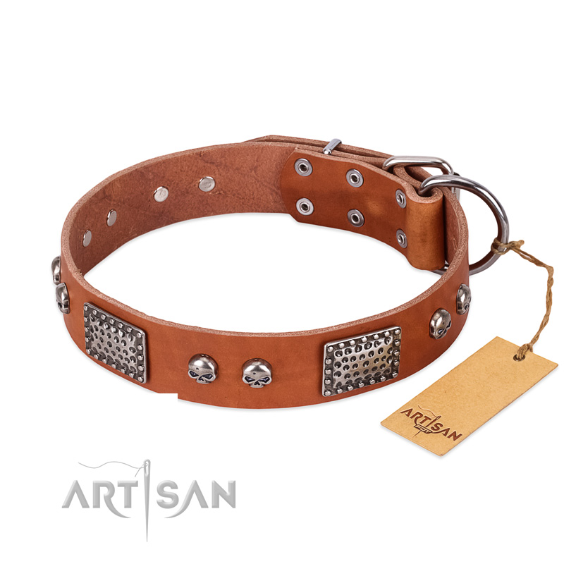 "Sparkling Skull" FDT Artisan Tan Leather Dogue de Bordeaux Collar with Old Silver Look Plates and Skulls