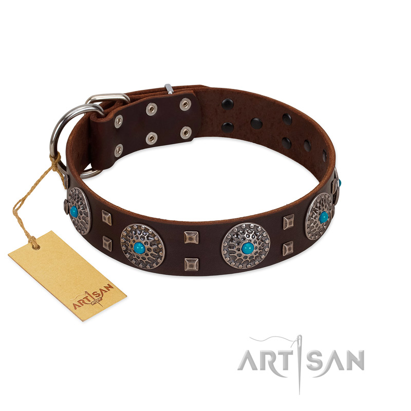 "Hypnotic Stones" FDT Artisan Brown Leather Dogue de Bordeaux Collar with Chrome Plated Brooches and Square Studs
